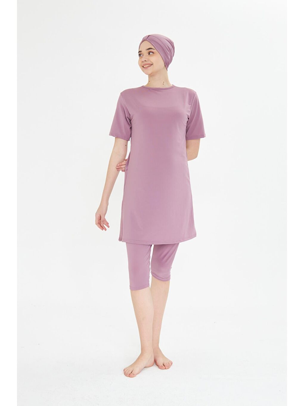 Kısa Kollu Elastanlı Yarı Kapalı Tesettür Mayo Pembe 3484-P-3