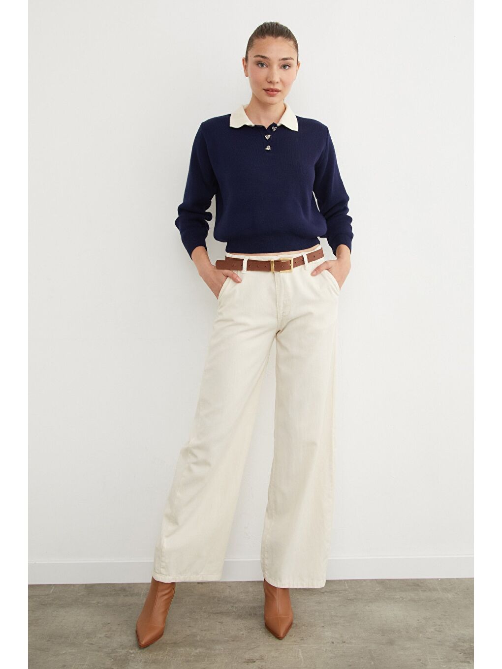 Lacivert Basic Gömlek Yaka Yarım Düğmeli Triko Kazak-1