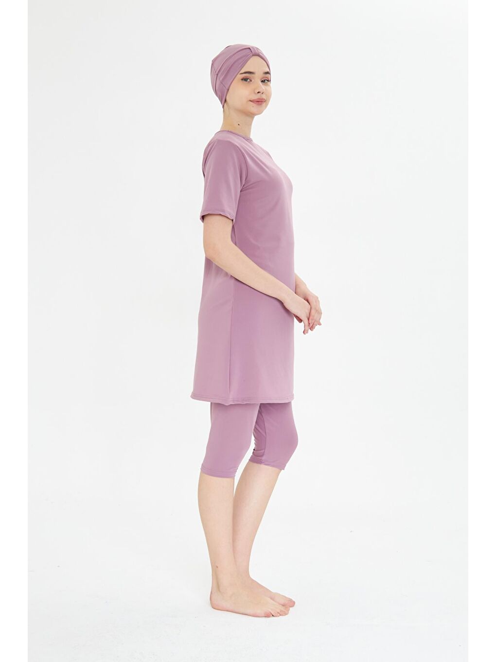 Kısa Kollu Elastanlı Yarı Kapalı Tesettür Mayo Pembe 3484-P-4