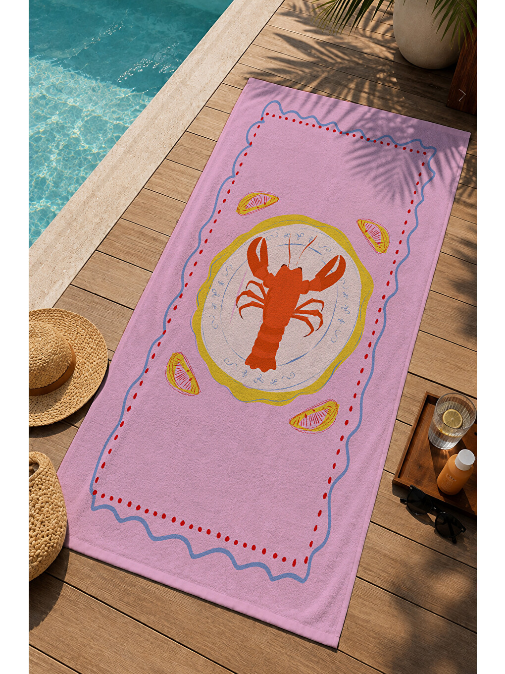 Gri Pembe Yaz Temalı Istakoz Ve Narenciye Desenli 70x150 Cm Dijital Baskılı Plaj Ve Banyo Havlusu-2