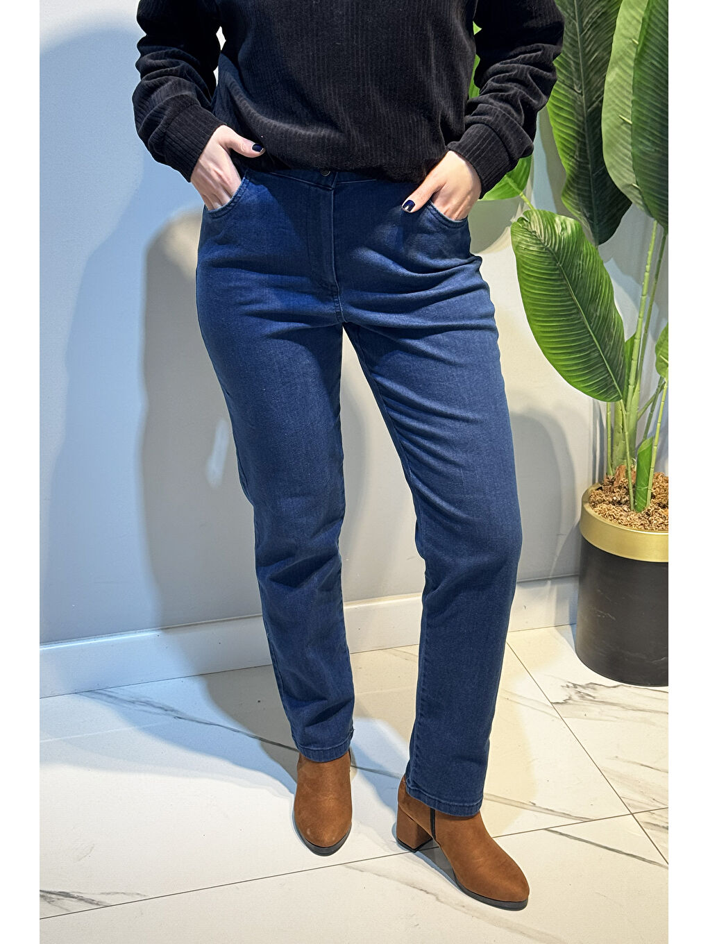 Kadın Beli Lastikli Elastanlı Boru Paça Jean Pantolon 03 Açık Lacivert-1