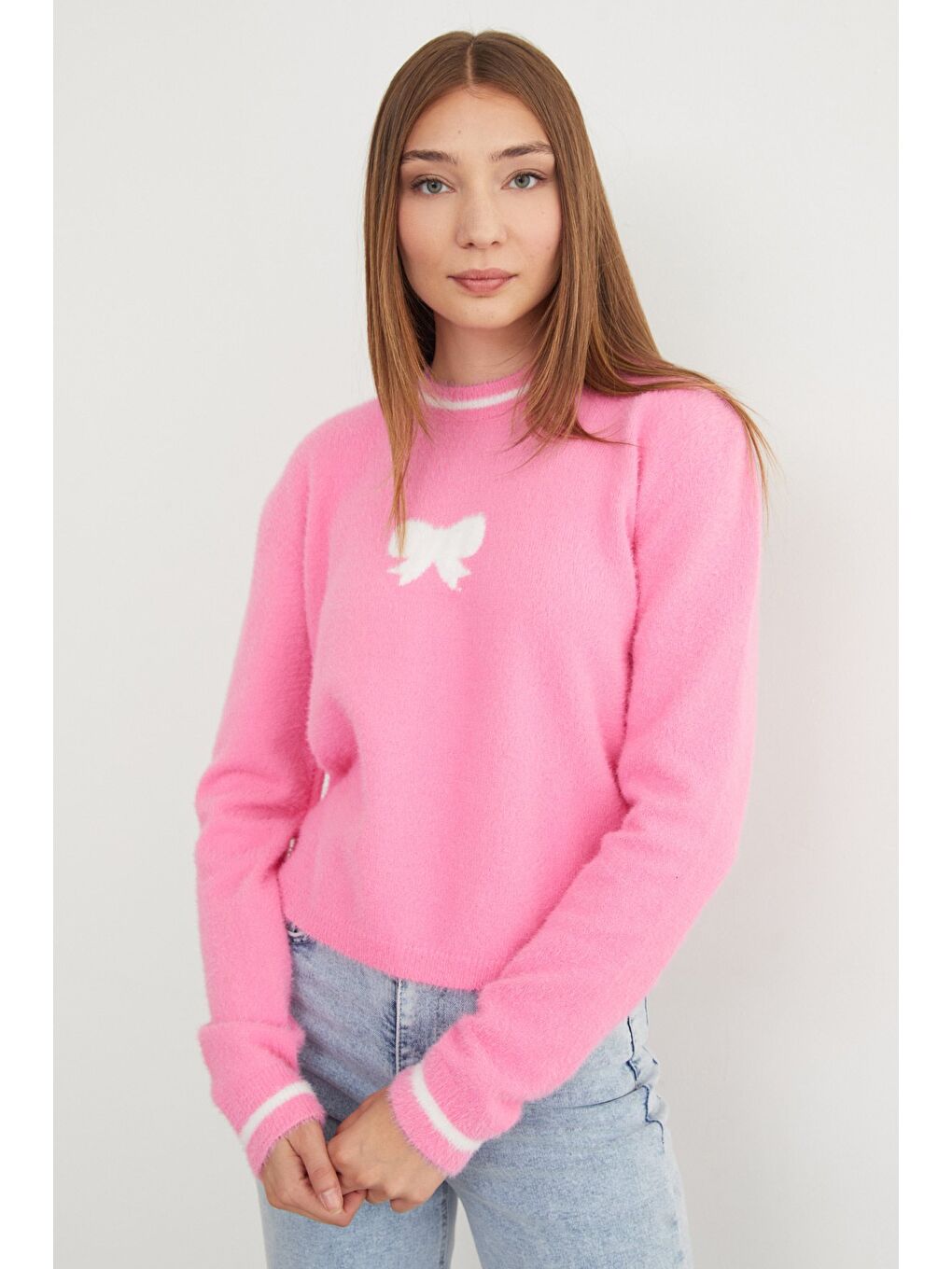 Pembe Kurdele Desenli Bisiklet Yaka Sakallı Kazak-3