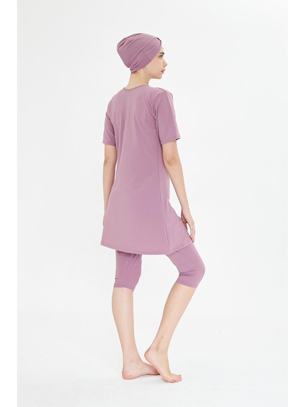 Kısa Kollu Elastanlı Yarı Kapalı Tesettür Mayo Pembe 3484-P-5