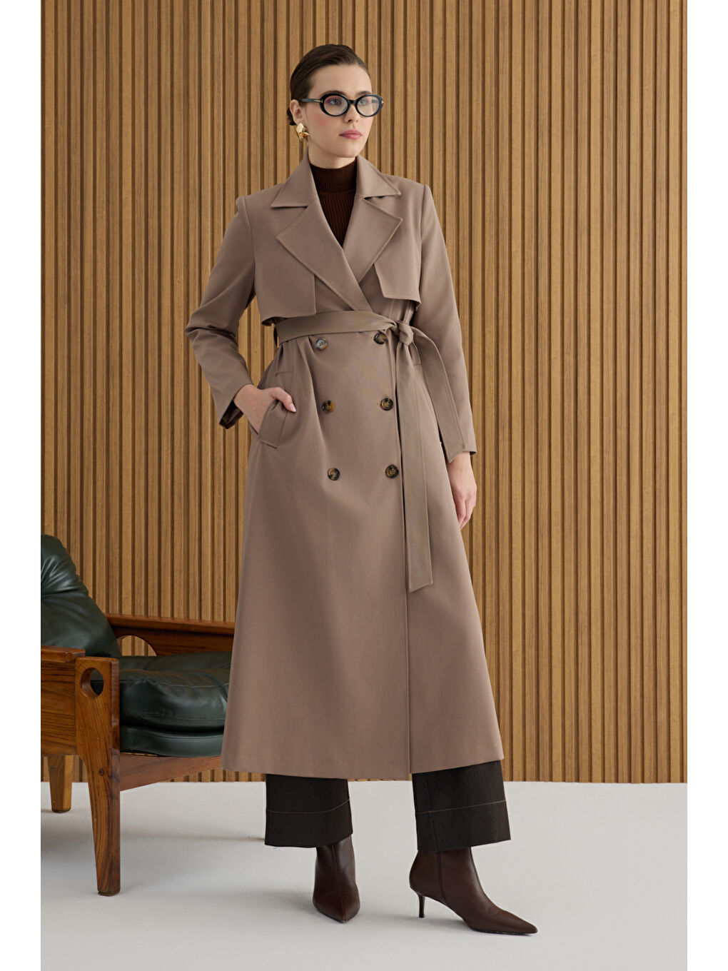 Bej Vizon Rüzgarlık Detaylı Trençkot-3