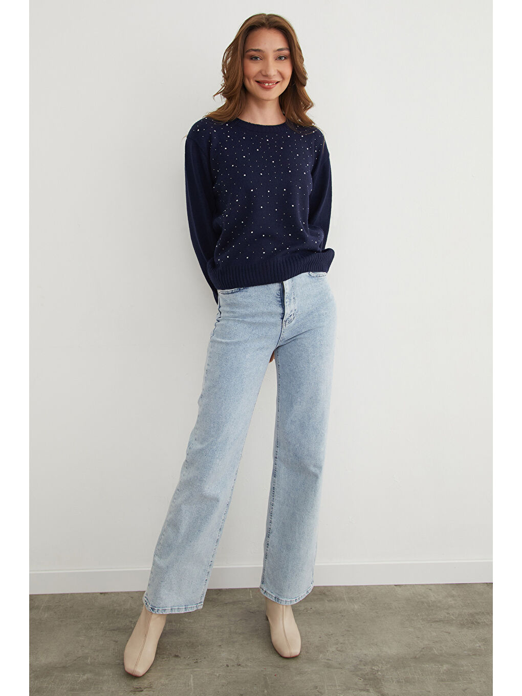 Lacivert Taşlı Bisiklet Yaka Triko Kazak-3