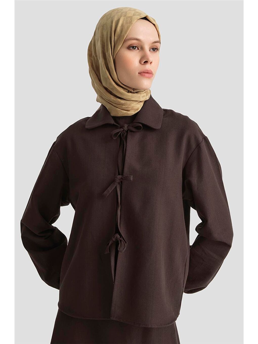 Kahverengi Fiyonk Detaylı 3'Lü Keten Takım 25Y6049 Kakao-2