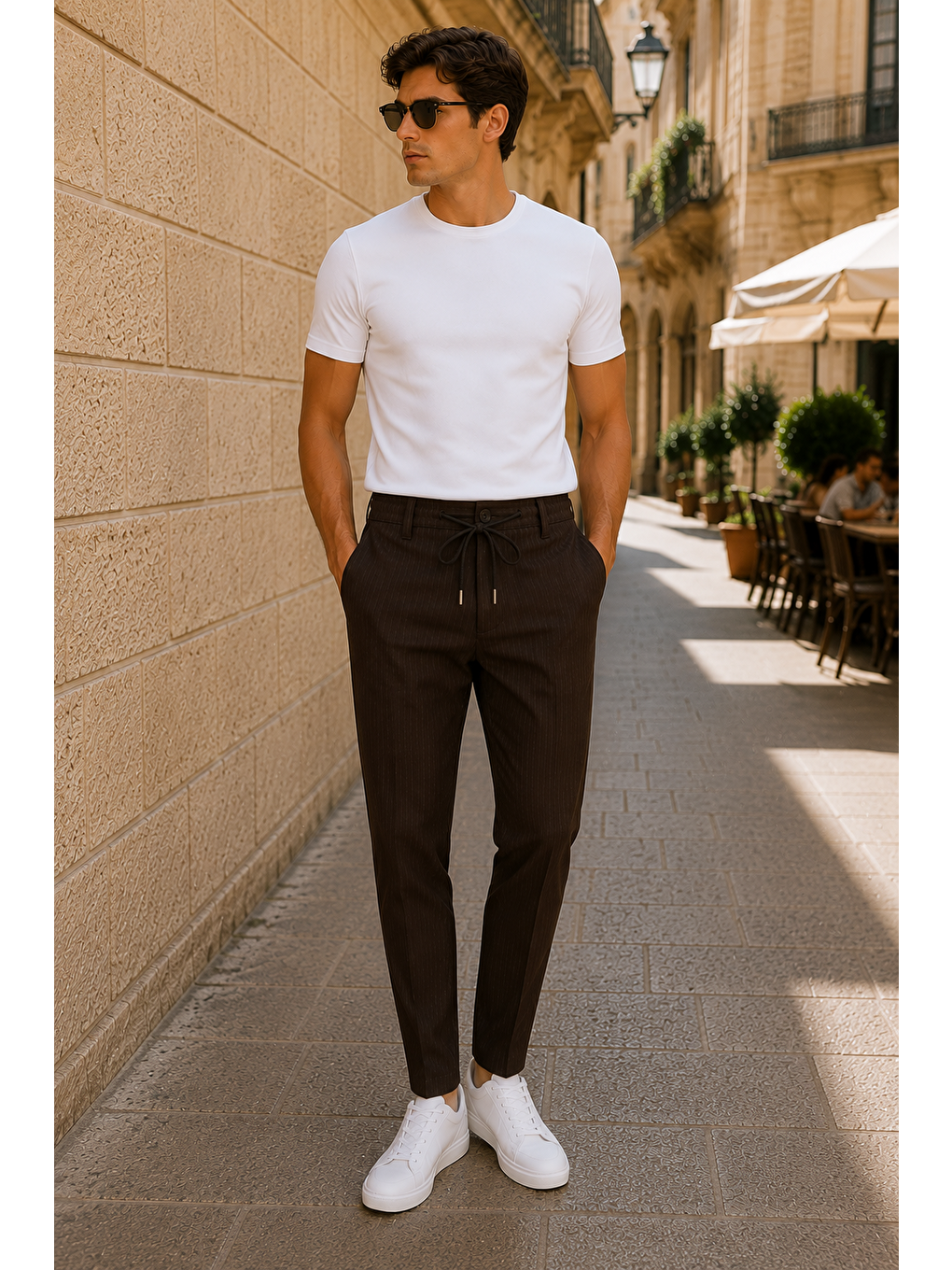 Lacivert Erkek Comfort Fit Kahverengi Çizgili Jogger Pantolon Esnek Kumaş 0247dngr-1