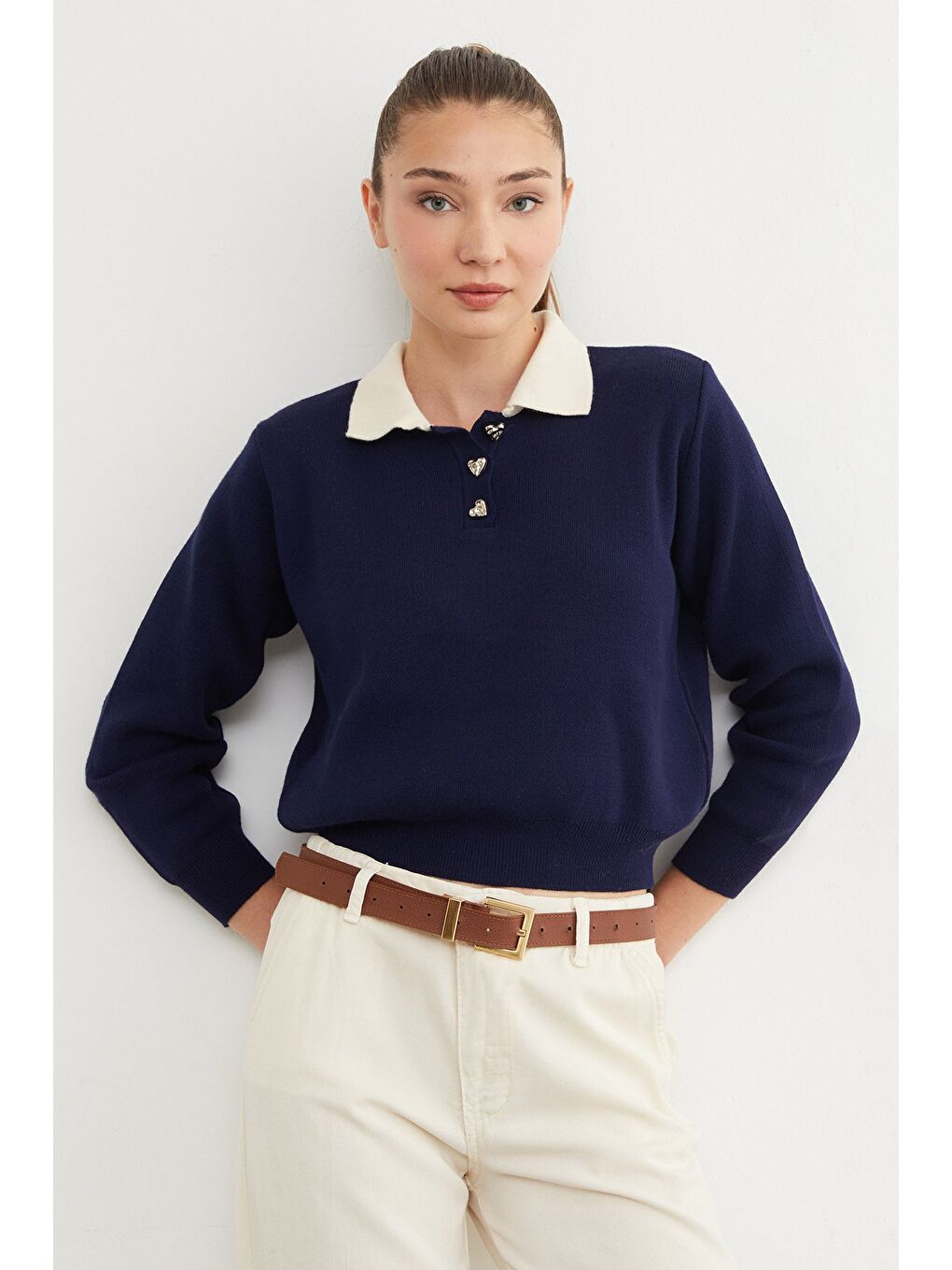 Lacivert Basic Gömlek Yaka Yarım Düğmeli Triko Kazak-2