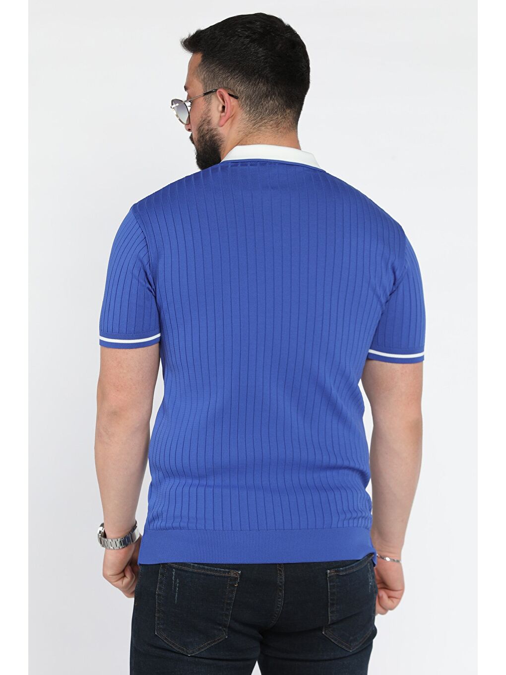 Mavi Erkek Polo Yaka Kendinden Çizgi Desenli Triko Tişört-2