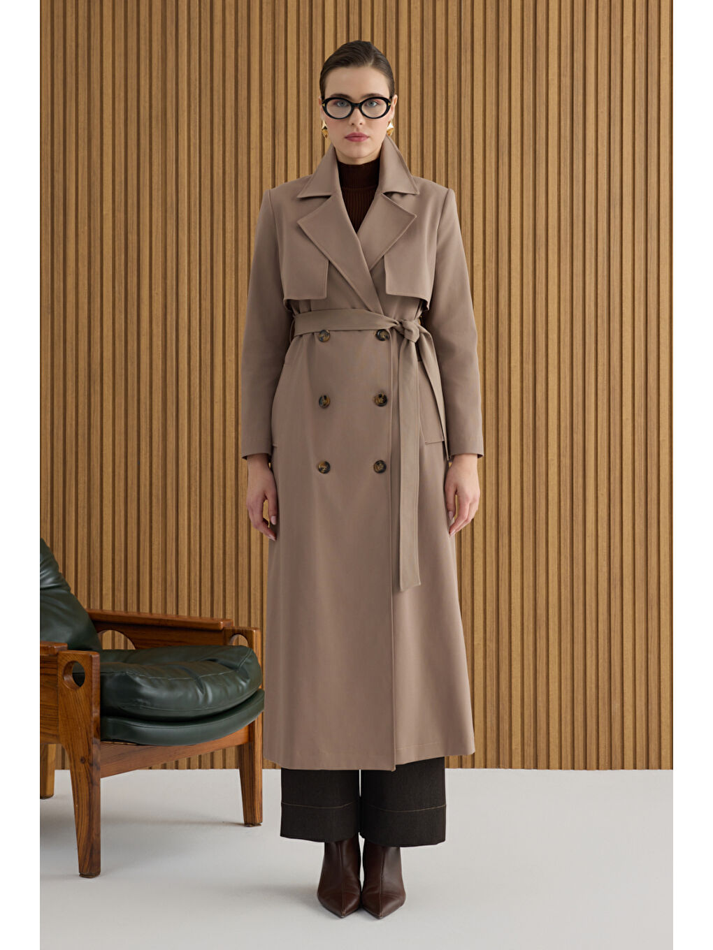 Bej Vizon Rüzgarlık Detaylı Trençkot-4