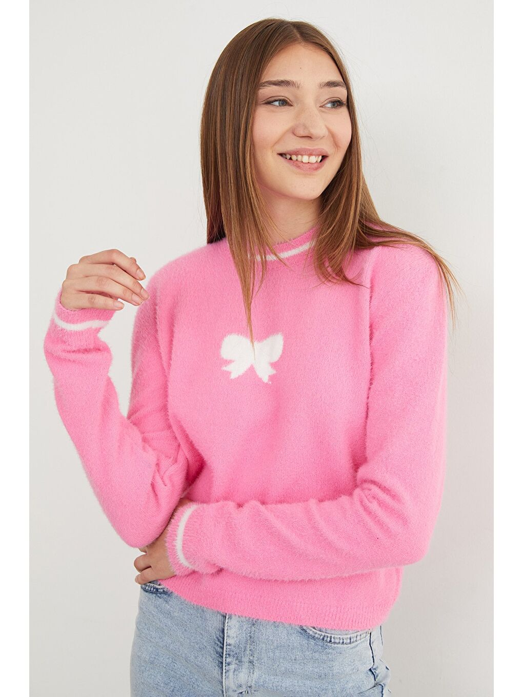 Pembe Kurdele Desenli Bisiklet Yaka Sakallı Kazak-4