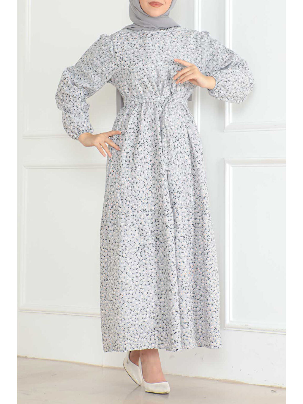 Desenli Kolu Büzgülü Elbise Gri - 26623-1