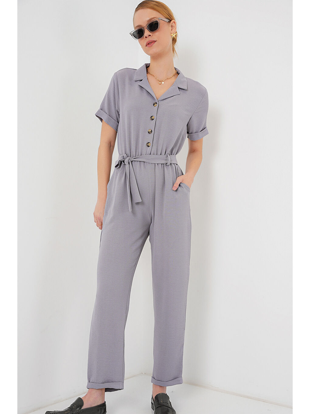 Kadın Kısa Kol Ayrobin Tulum 7030 - Gri