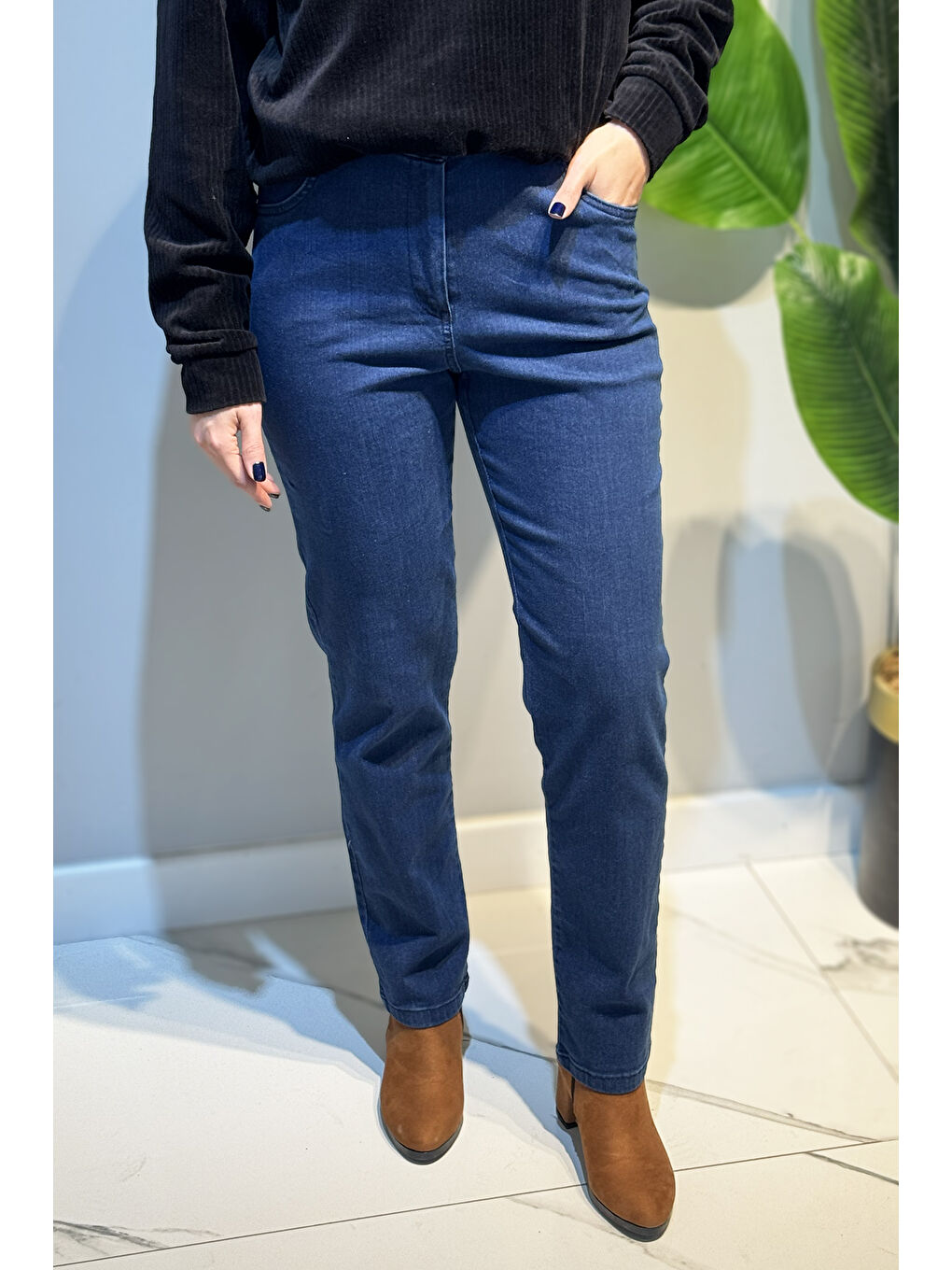 Kadın Beli Lastikli Elastanlı Boru Paça Jean Pantolon 03 Açık Lacivert-3