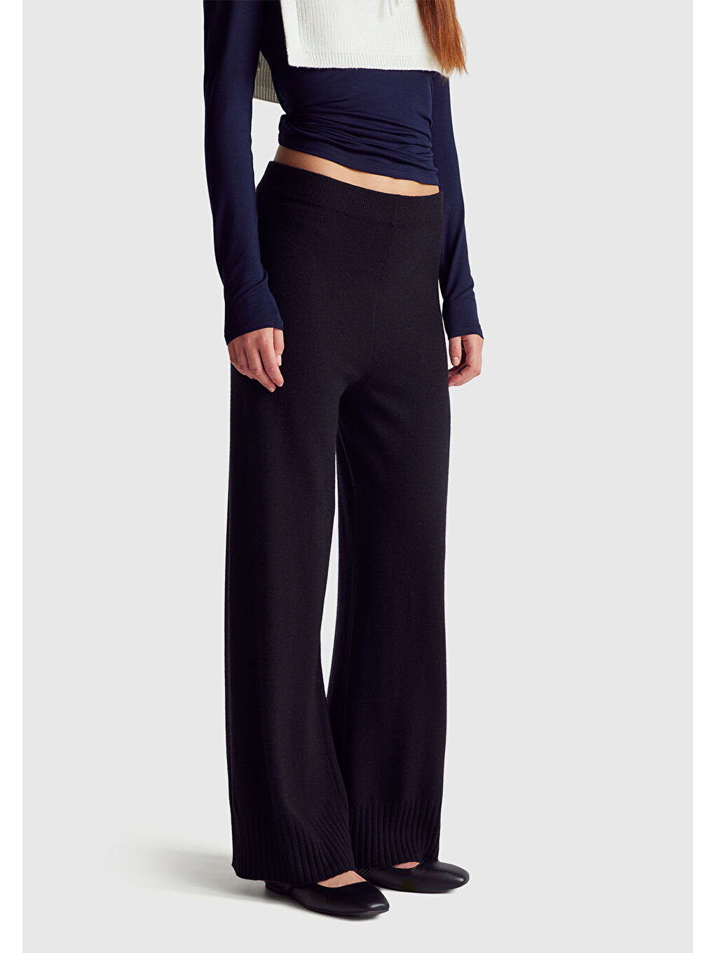 Siyah Kadın Sİyah Yün ve Kaşmir Karışımlı Ribana Detaylı Triko Pantolon