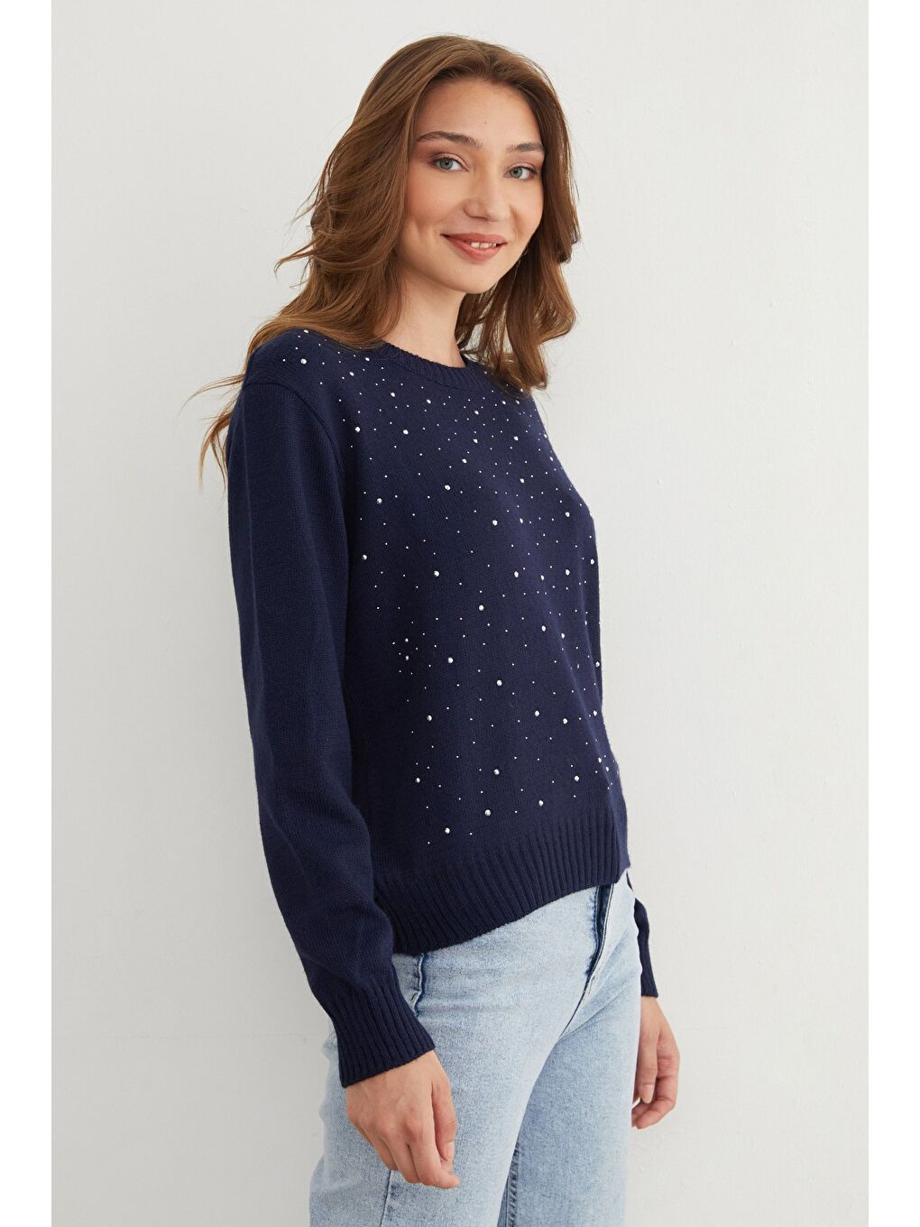 Lacivert Taşlı Bisiklet Yaka Triko Kazak-4