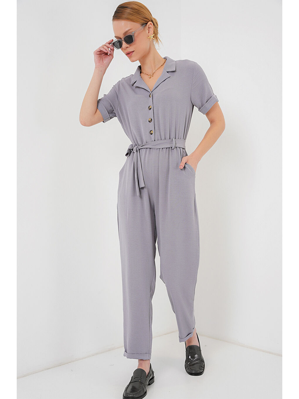 Kadın Kısa Kol Ayrobin Tulum 7030 - Gri-2