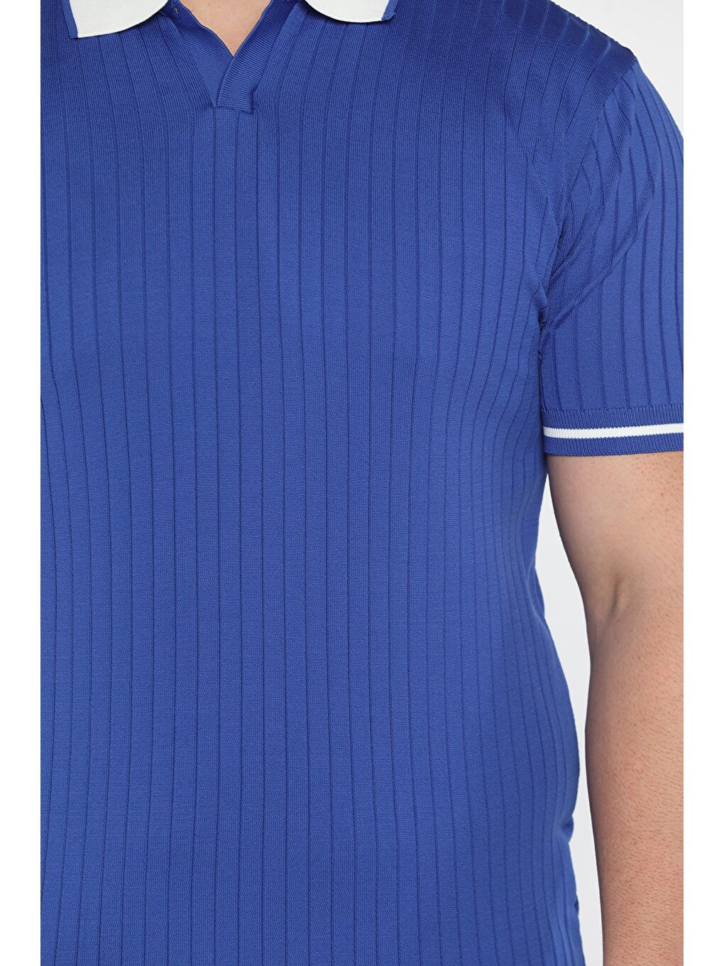 Mavi Erkek Polo Yaka Kendinden Çizgi Desenli Triko Tişört-3