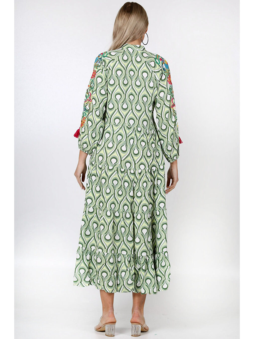 Yeşil Hakim Yaka Uzun Kol Desenli Allover Baskılı Geniş Kesim Dokuma Elbise-1