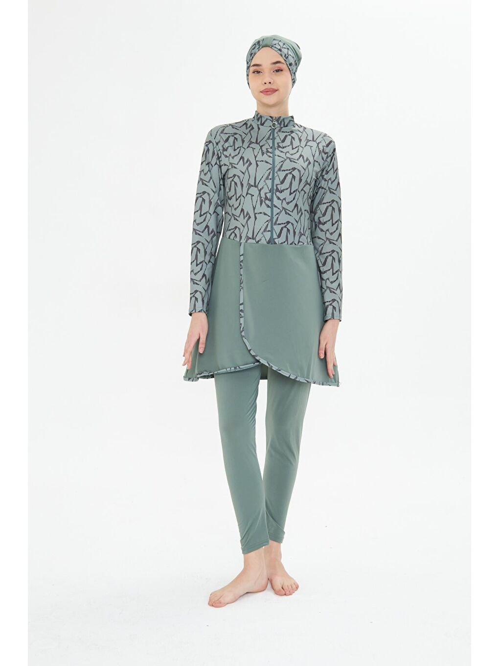 Tam Kapalı Elastanlı Desenli Etekli Tesettür Mayo Yeşil 3482-Y