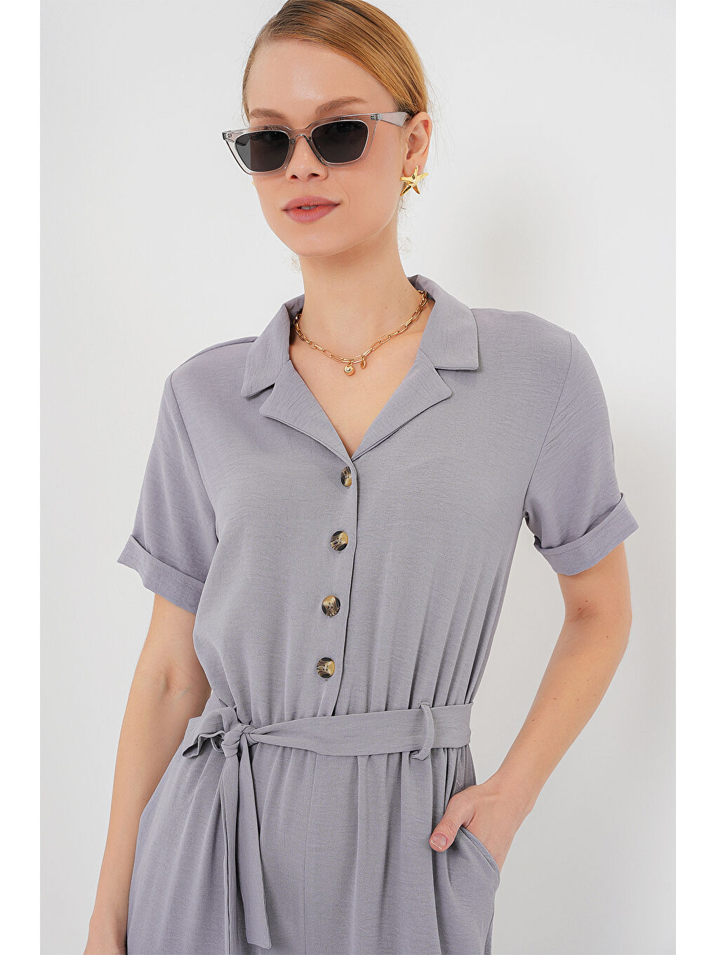 Kadın Kısa Kol Ayrobin Tulum 7030 - Gri-3