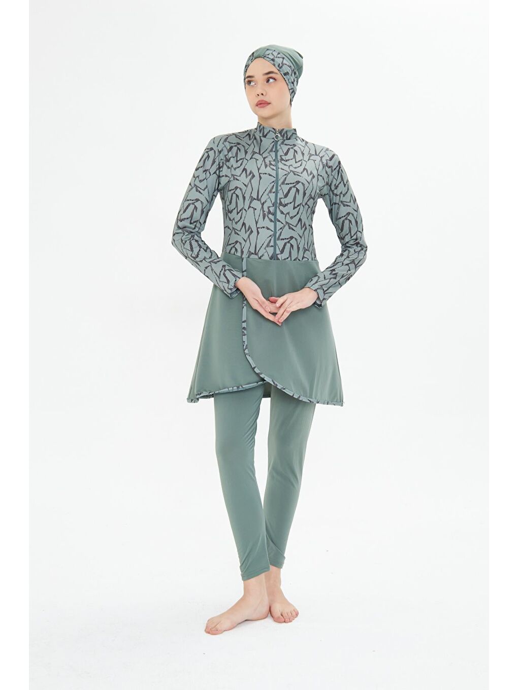 Tam Kapalı Elastanlı Desenli Etekli Tesettür Mayo Yeşil 3482-Y-1