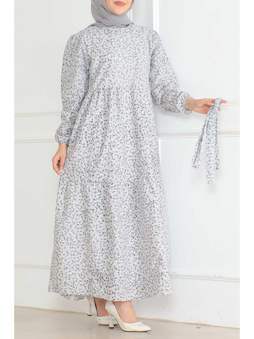 Desenli Kolu Büzgülü Elbise Gri - 26623-2