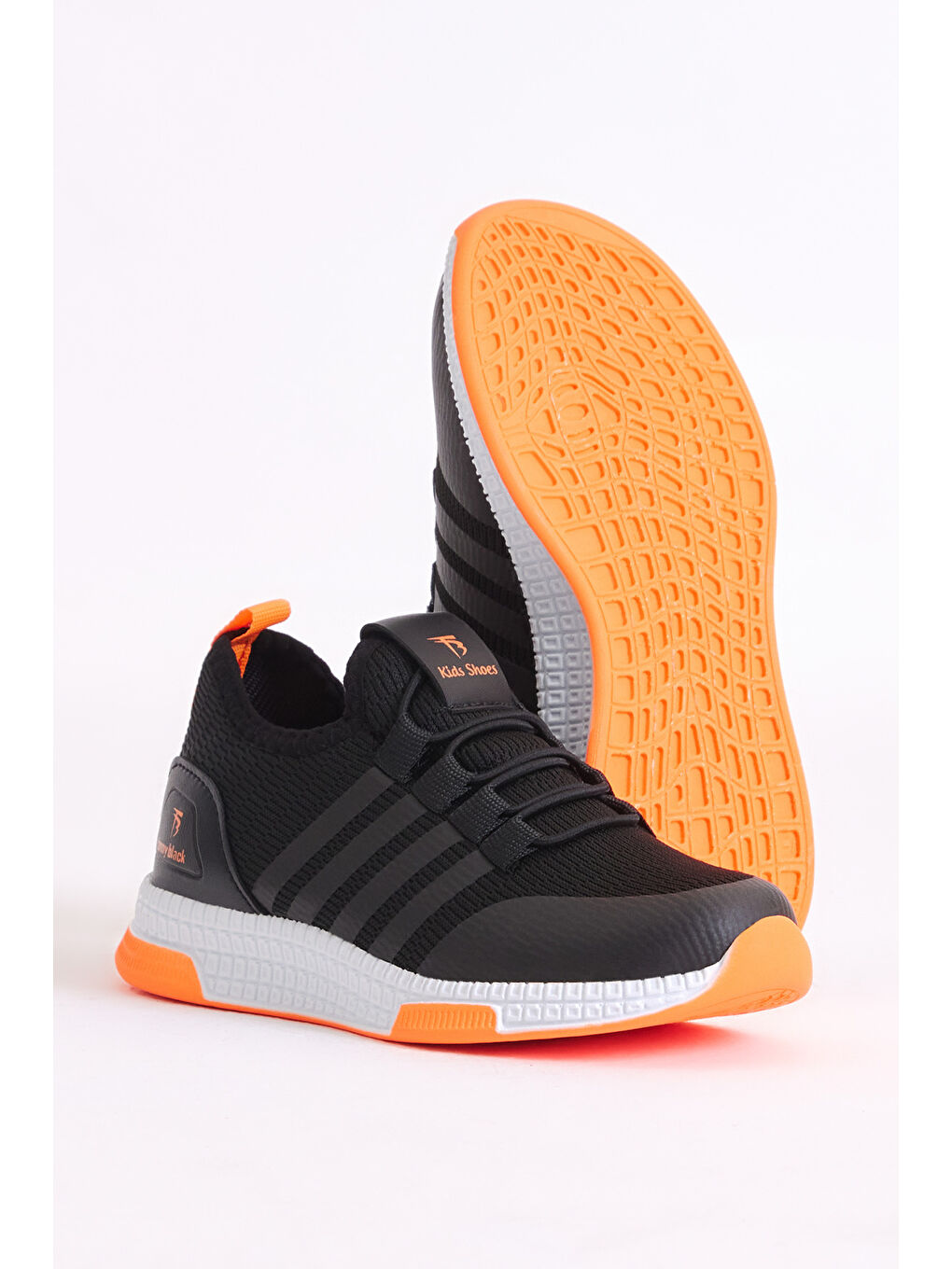 Çocuk Unisex Siyah Turuncu Rahat Kalıp Şeritli Bağcıklı Spor Ayakkabı-2