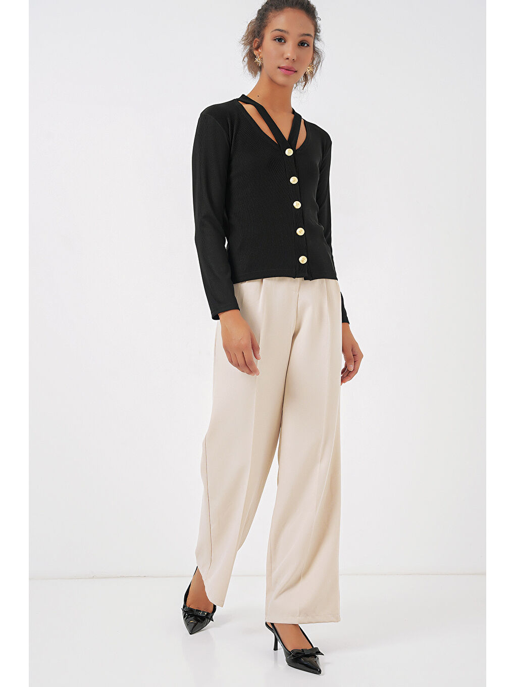 924 Düğmeli Basic Triko Hırka - Siyah-1