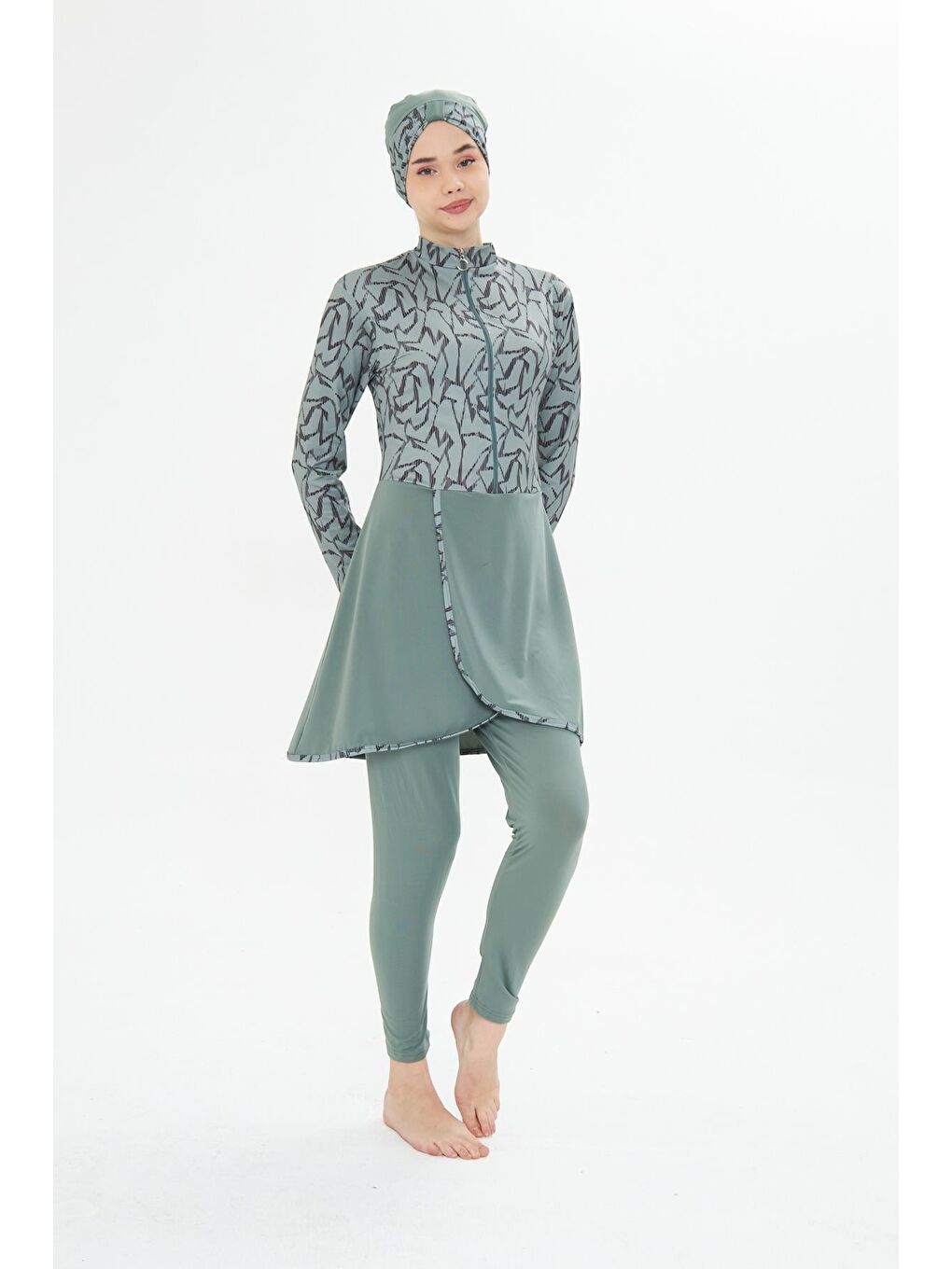 Tam Kapalı Elastanlı Desenli Etekli Tesettür Mayo Yeşil 3482-Y-3