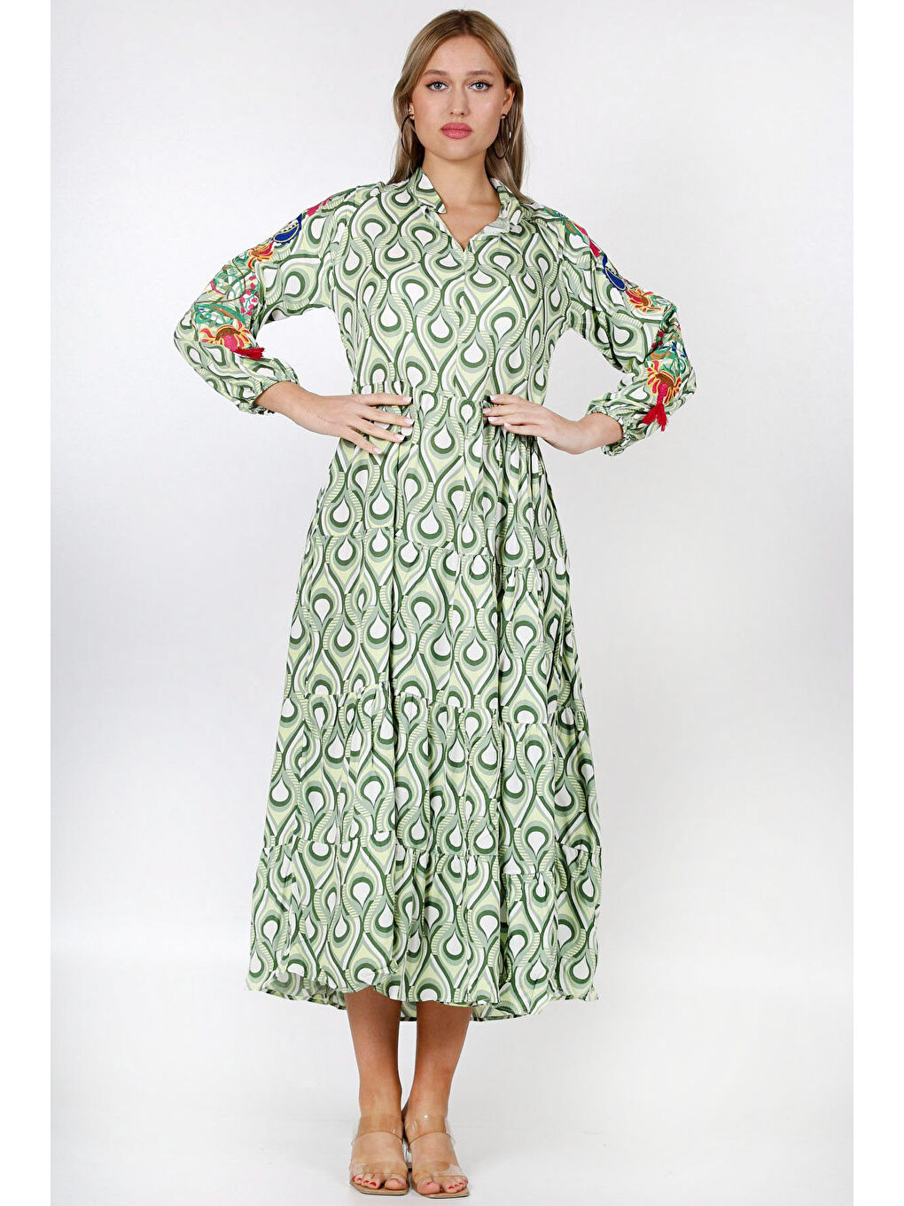 Yeşil Hakim Yaka Uzun Kol Desenli Allover Baskılı Geniş Kesim Dokuma Elbise-2