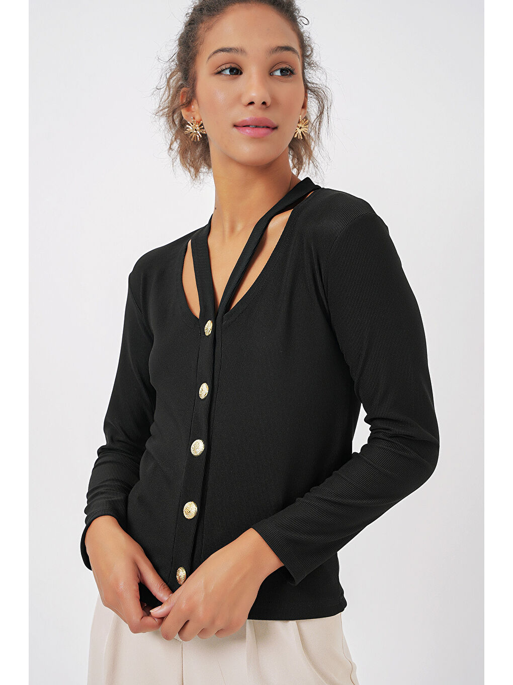 924 Düğmeli Basic Triko Hırka - Siyah-2