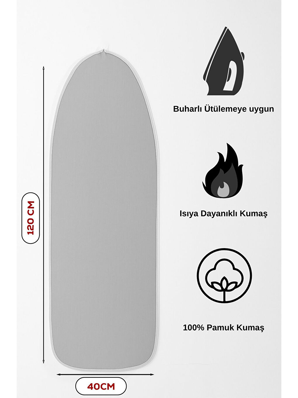 Gri Isıya Dayanıklı 100% Pamuk Süngerli Ütü Masası Kılıfı - Buharlı Ütüleme Uyumlu 120x40cm-1