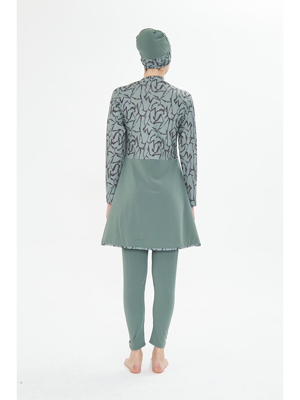 Tam Kapalı Elastanlı Desenli Etekli Tesettür Mayo Yeşil 3482-Y-5