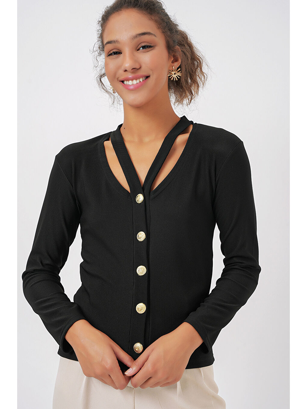 924 Düğmeli Basic Triko Hırka - Siyah-3