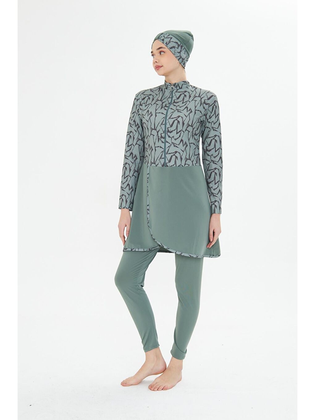 Tam Kapalı Elastanlı Desenli Etekli Tesettür Mayo Yeşil 3482-Y-6