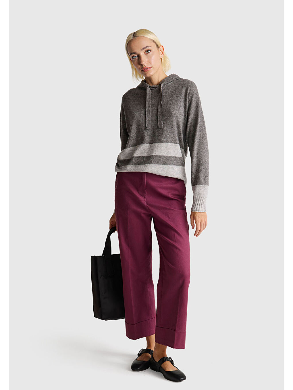 Gri Kadın Antrasit Melanj Yün ve Kaşmir Karışımlı Kapüşonlu Kazak-4