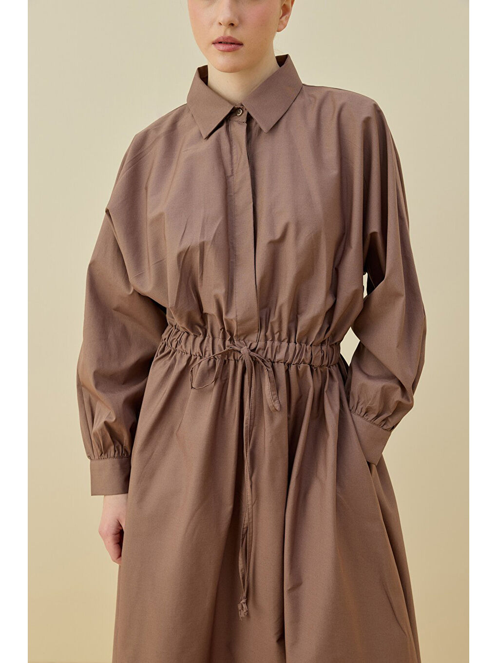 Bej Basic Poplin Elbise 1638 Vizon-1