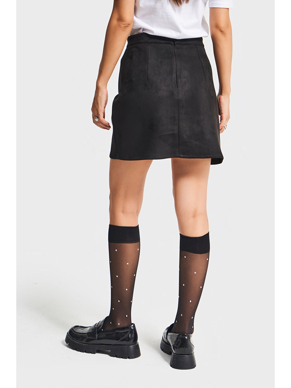 Kadın Siyah Renk w5-1 Mini Boy Pileli Süet Yumuşak Kumaş Etek-3