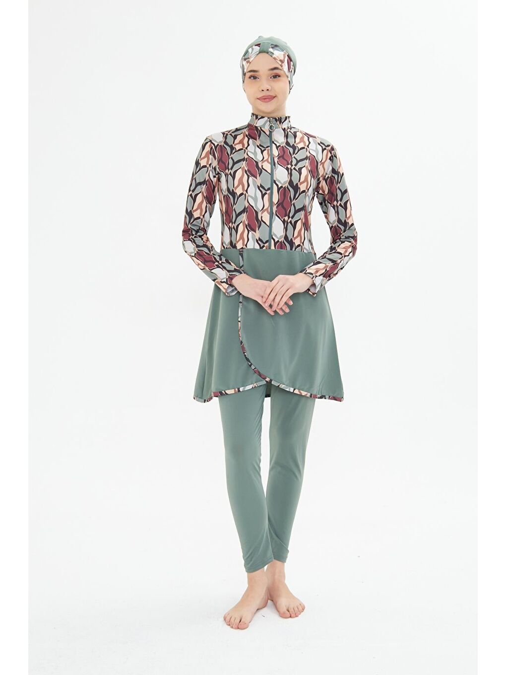 Tam Kapalı Elastanlı Desenli Etekli Tesettür Mayo Yeşil 3481-Y