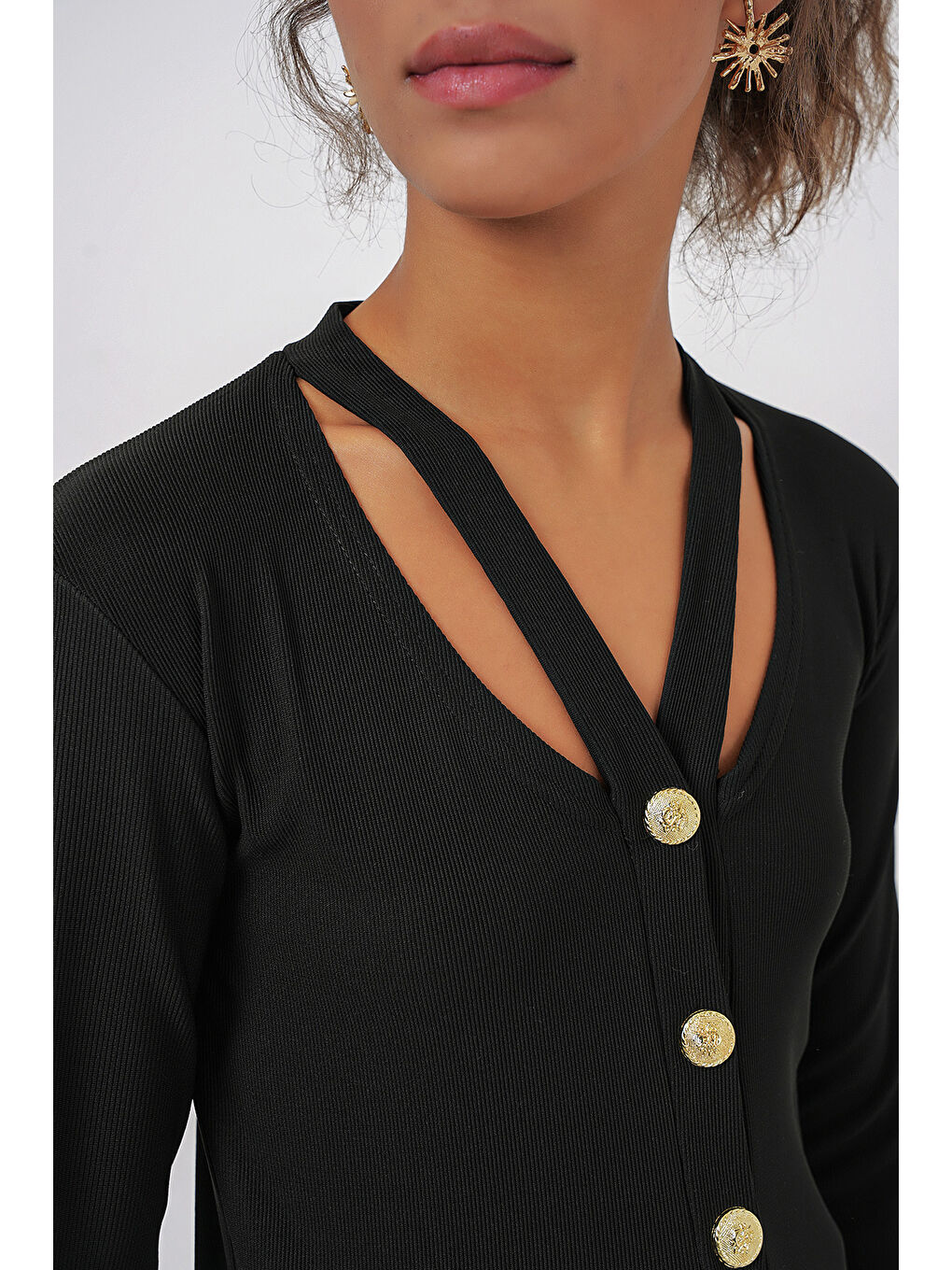 924 Düğmeli Basic Triko Hırka - Siyah-4