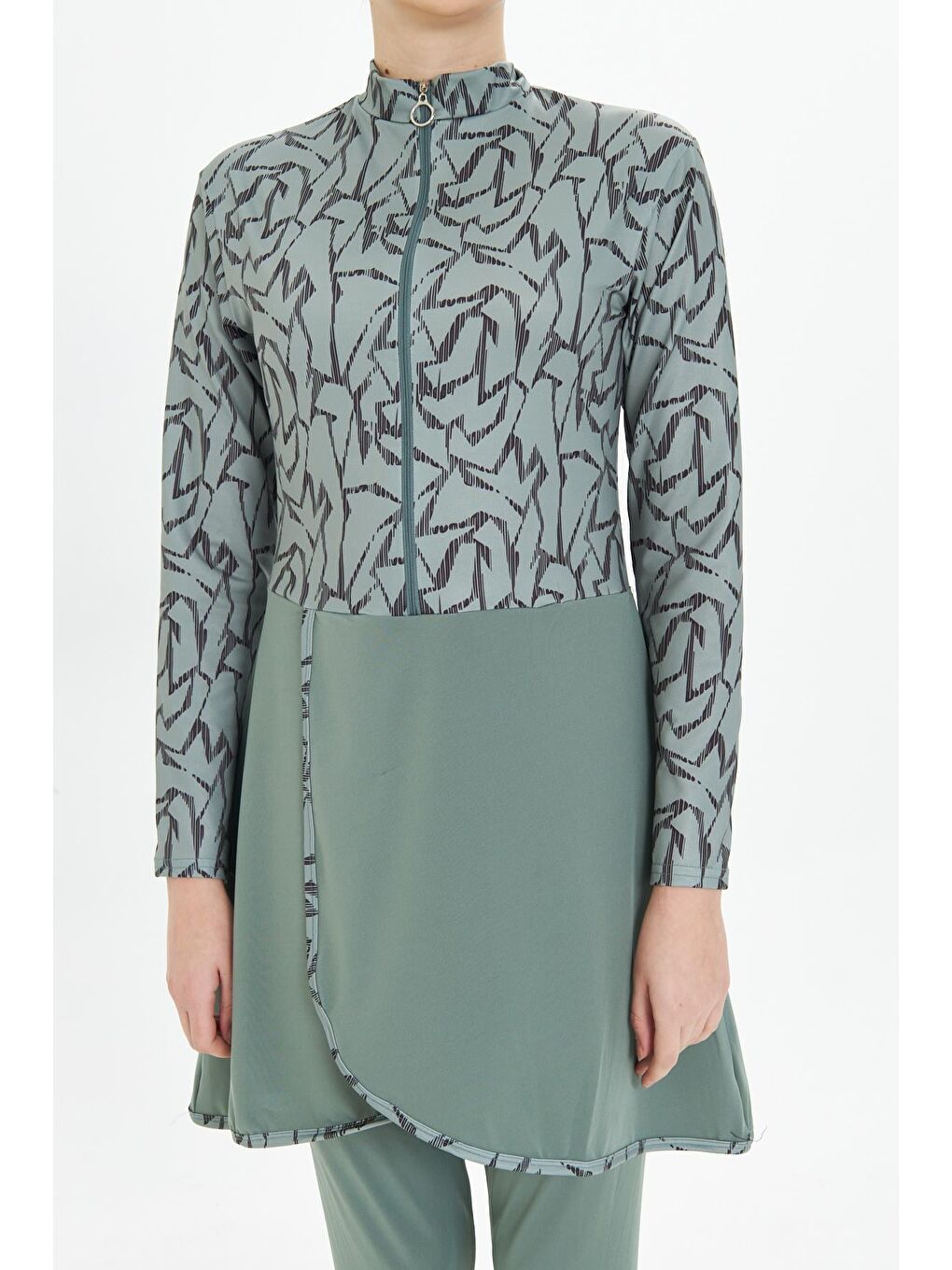 Tam Kapalı Elastanlı Desenli Etekli Tesettür Mayo Yeşil 3482-Y-7