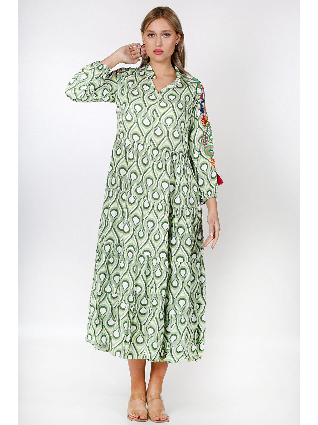 Yeşil Hakim Yaka Uzun Kol Desenli Allover Baskılı Geniş Kesim Dokuma Elbise-3
