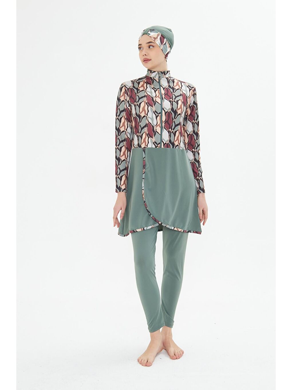 Tam Kapalı Elastanlı Desenli Etekli Tesettür Mayo Yeşil 3481-Y-1