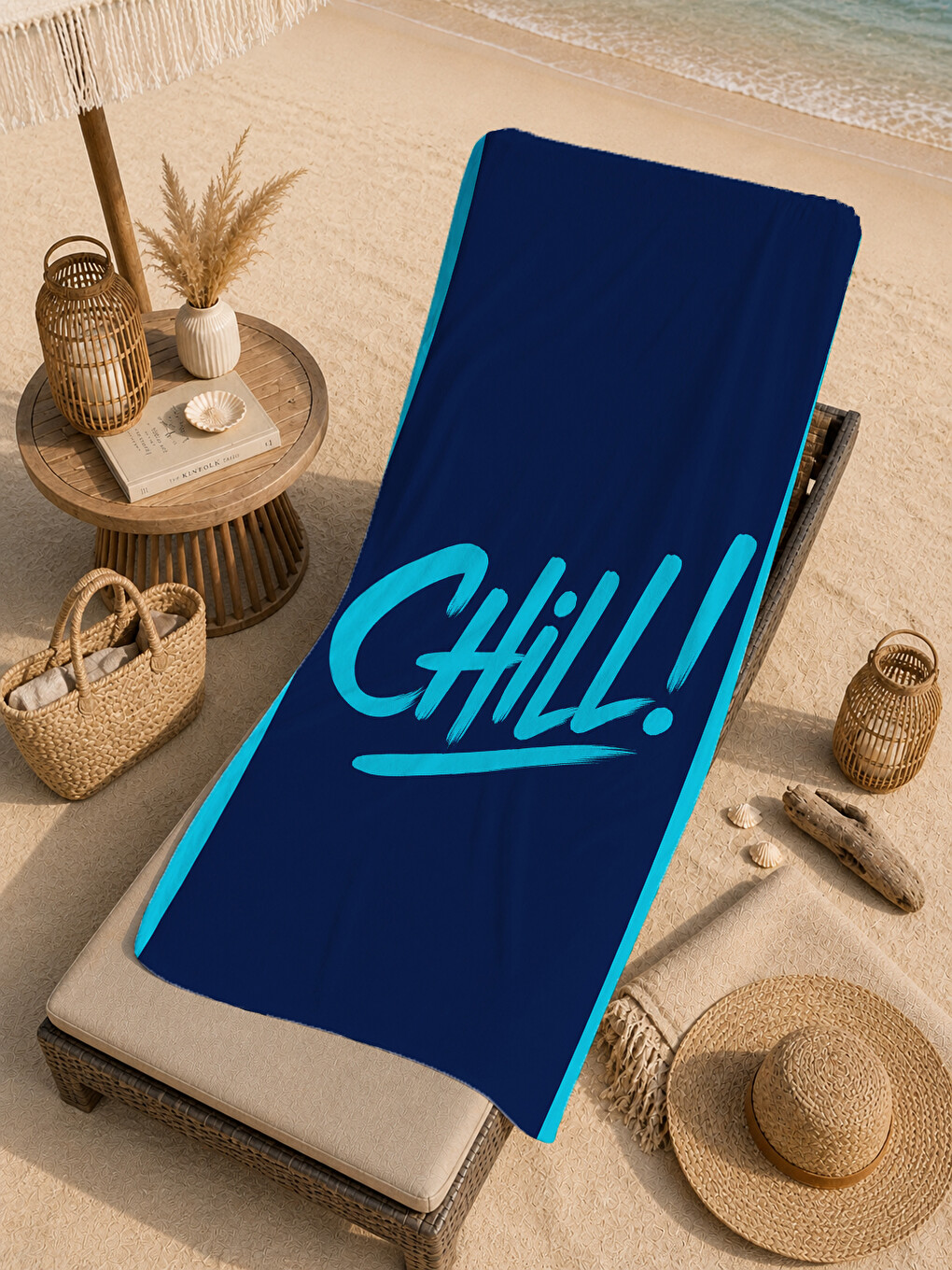 Minimal Chill Yazılı Lacivert Turkuaz Desenli 70x150 Plaj Havlusu - Dijital Baskılı Banyo Havlusu-2
