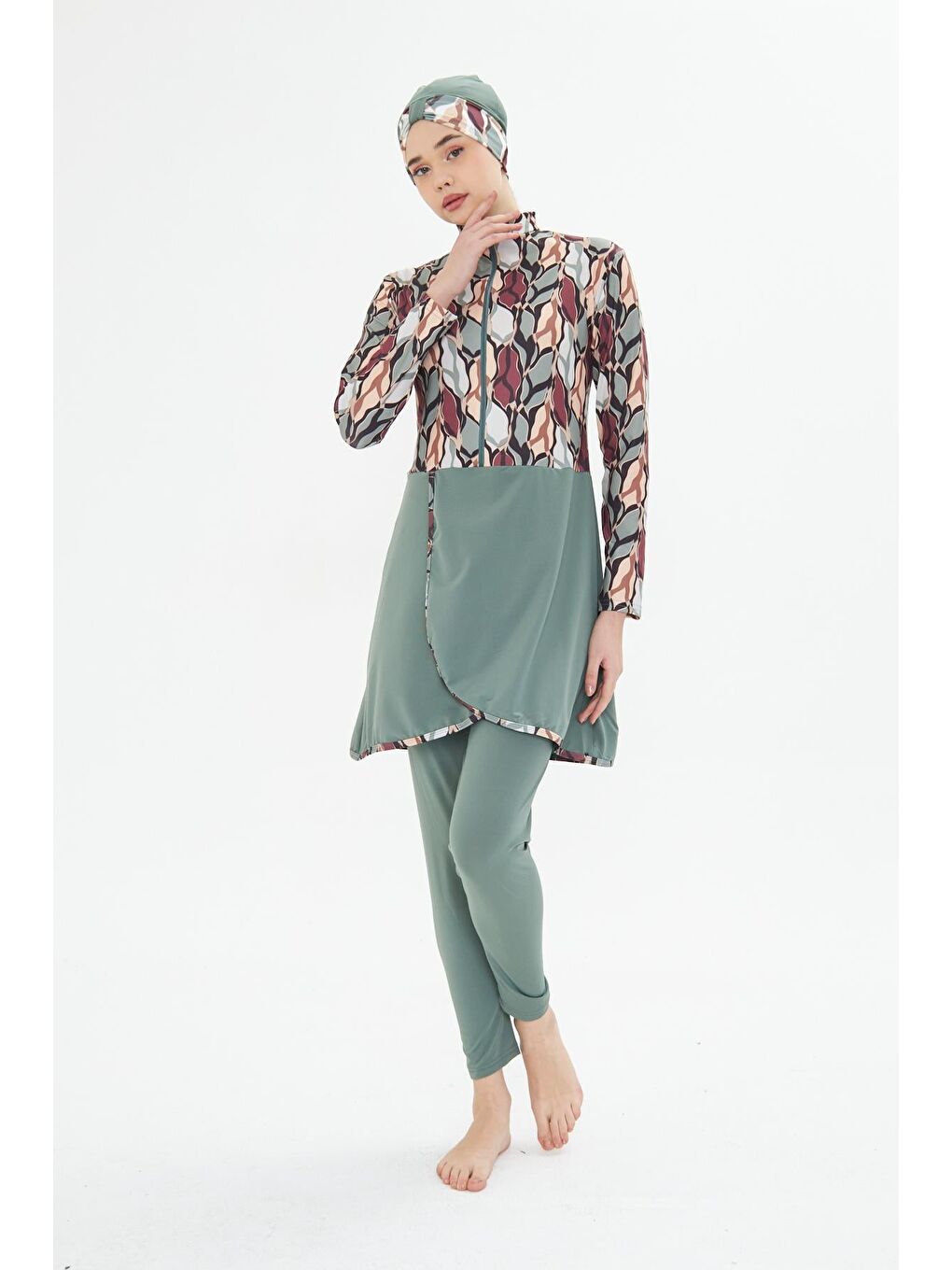 Tam Kapalı Elastanlı Desenli Etekli Tesettür Mayo Yeşil 3481-Y-2