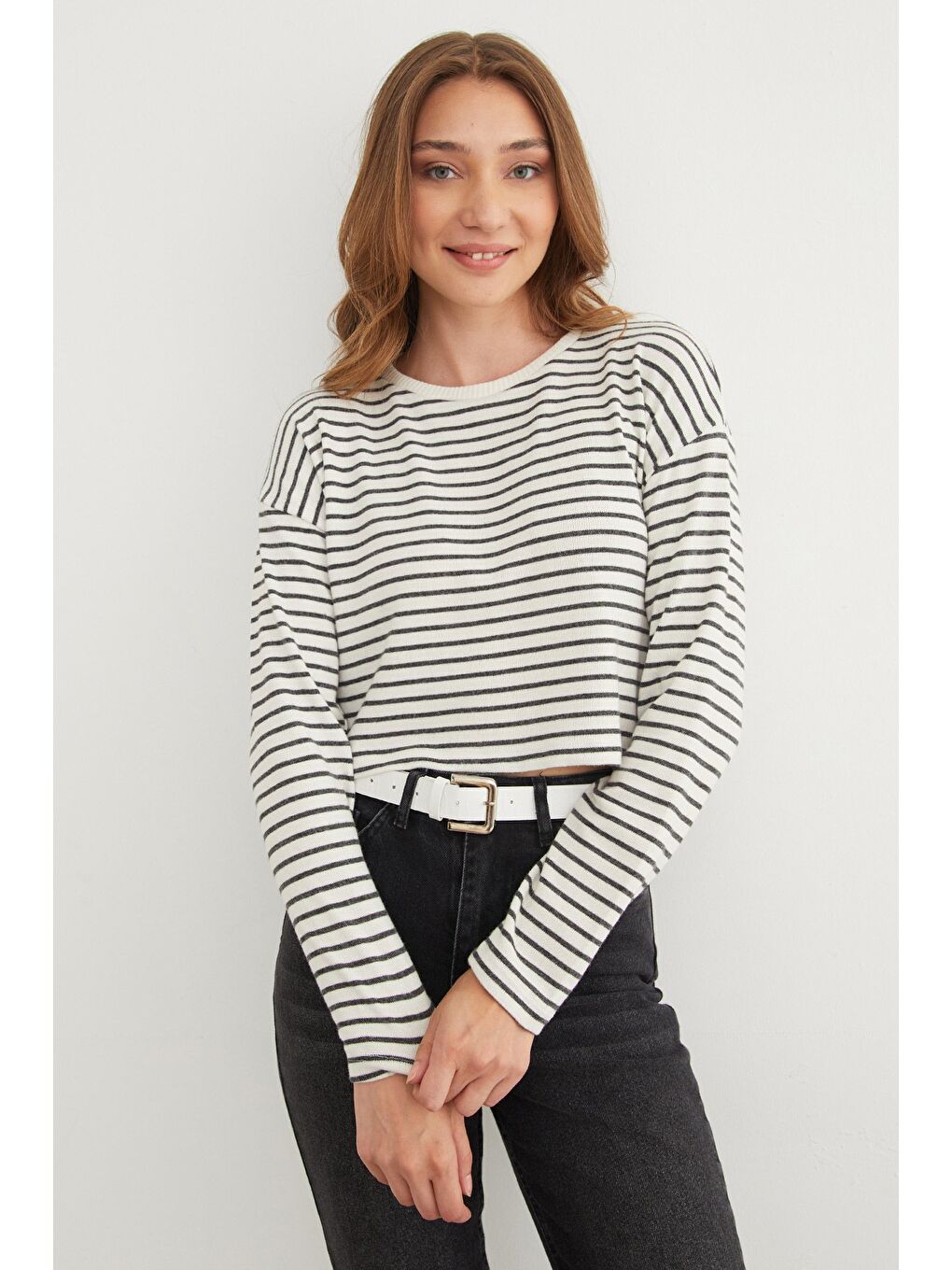 Antrasit Çizgili Crop İnce Triko Kazak-3