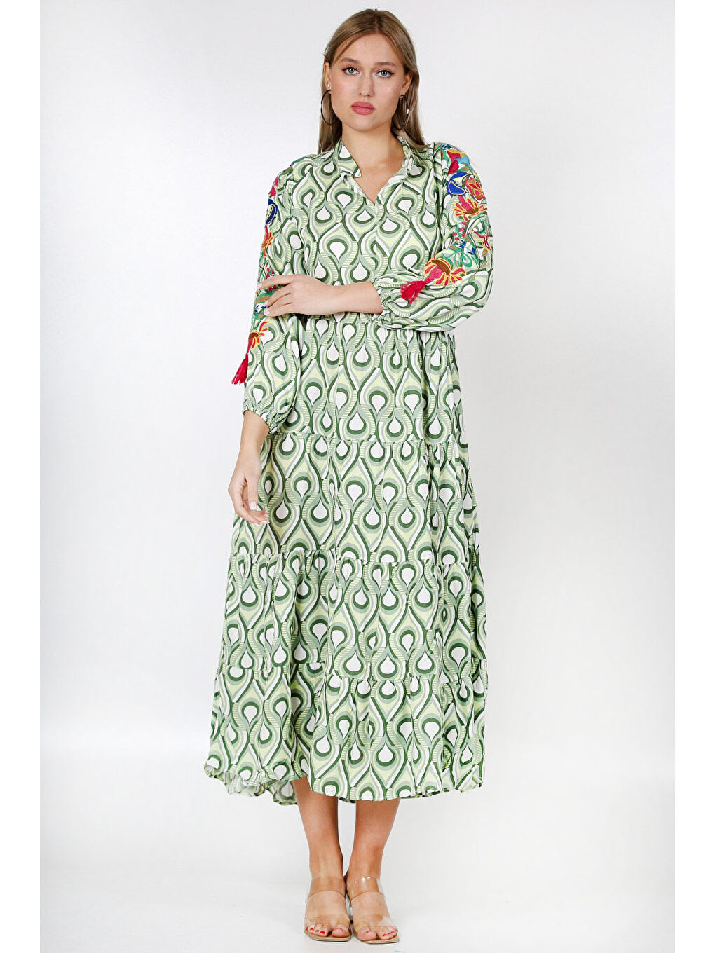 Yeşil Hakim Yaka Uzun Kol Desenli Allover Baskılı Geniş Kesim Dokuma Elbise-4