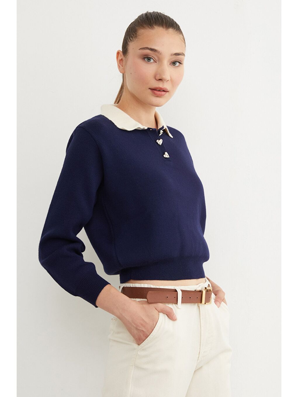 Lacivert Basic Gömlek Yaka Yarım Düğmeli Triko Kazak-4