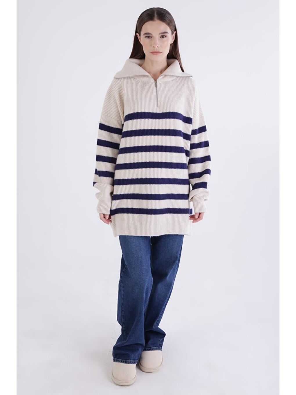 Bej Taş-Lacivert-Balıkçı Yaka Fermuarlı Triko Kazak-1